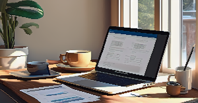 A desk with a laptop, tax documents, a calculator, and a cup of coffee, illuminated by natural light from a window.