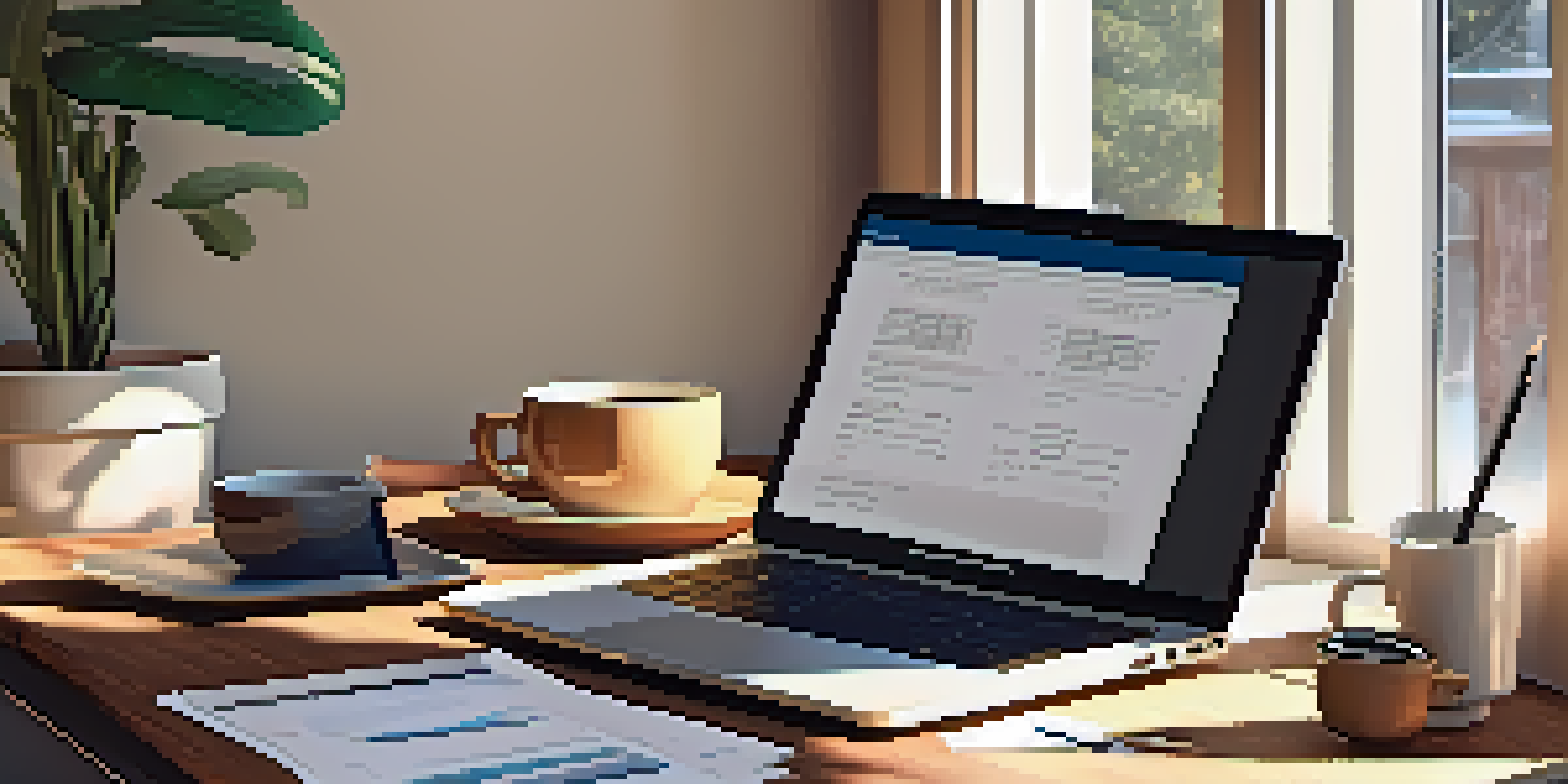 A desk with a laptop, tax documents, a calculator, and a cup of coffee, illuminated by natural light from a window.