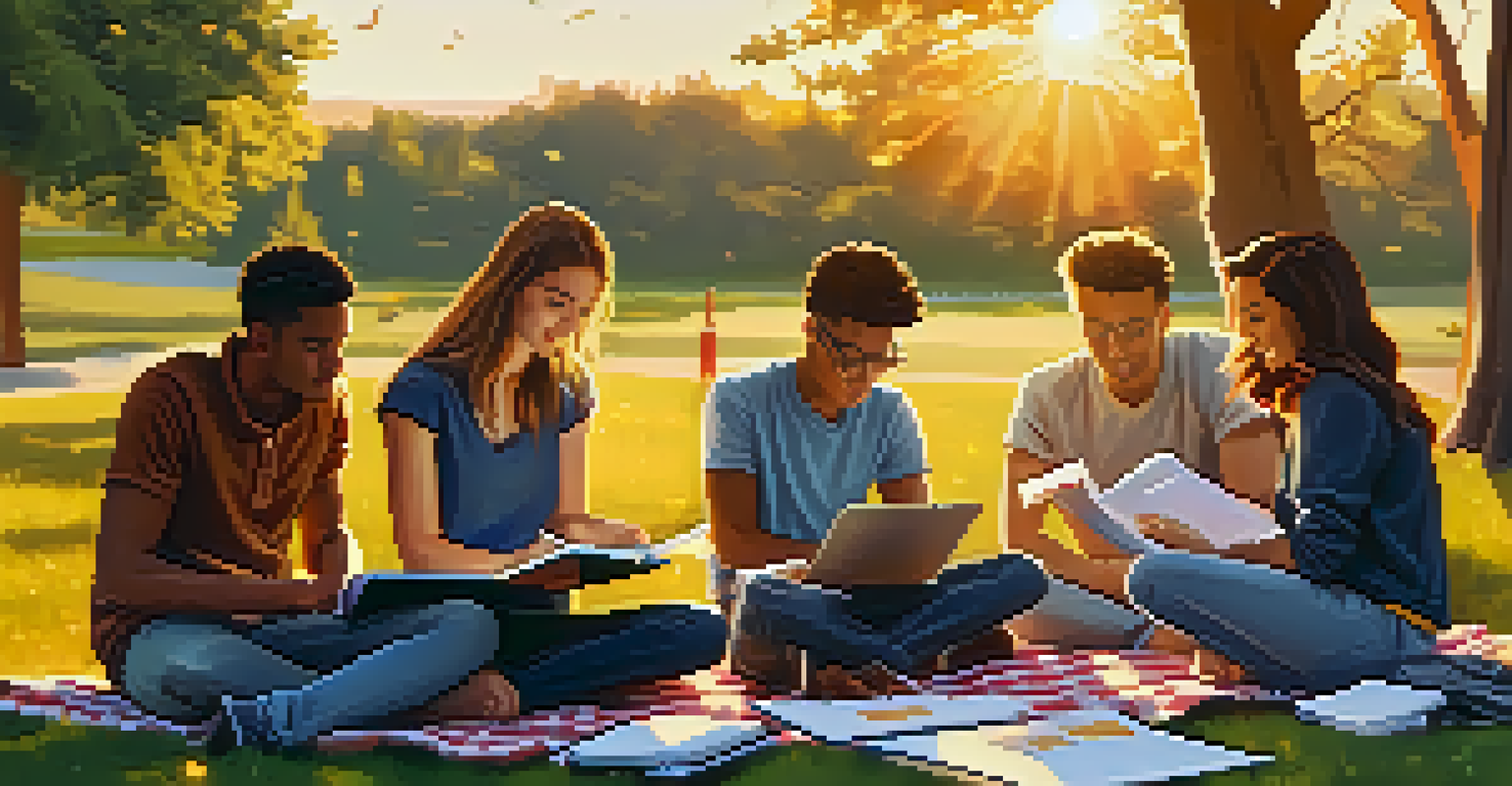 A group of young entrepreneurs sitting on a picnic blanket in a park, discussing their crowdfunding project as the sun sets.