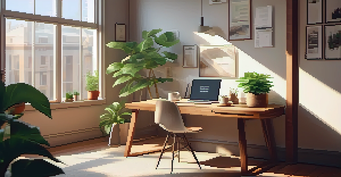 A cozy wooden desk setup featuring a laptop displaying tax documents, a coffee mug, and a potted plant, all bathed in soft natural light.