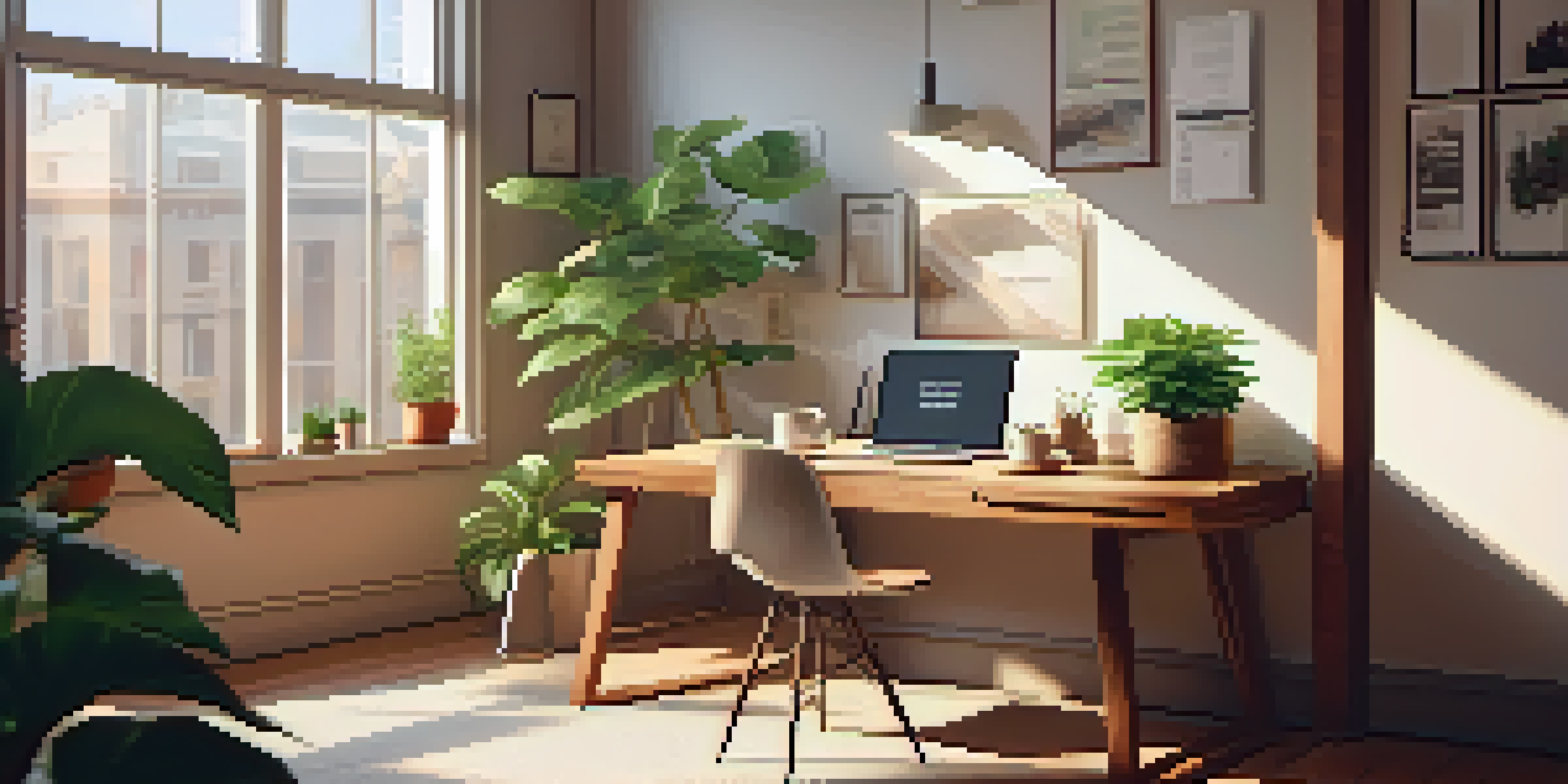 A cozy wooden desk setup featuring a laptop displaying tax documents, a coffee mug, and a potted plant, all bathed in soft natural light.