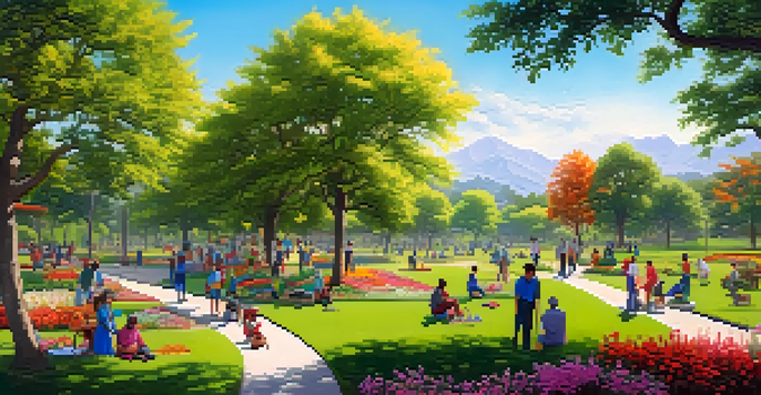 A vibrant park scene with diverse individuals engaged in charitable activities like planting trees and distributing food, under a clear blue sky.