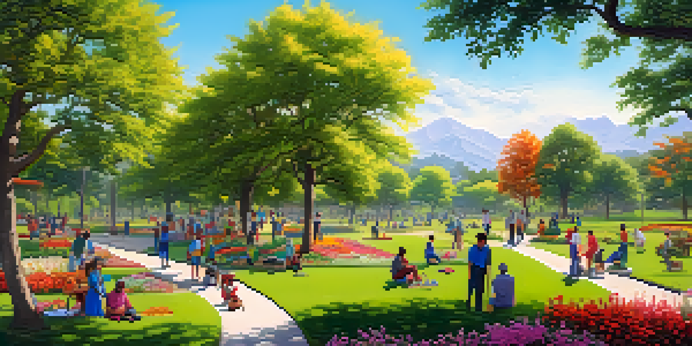 A vibrant park scene with diverse individuals engaged in charitable activities like planting trees and distributing food, under a clear blue sky.
