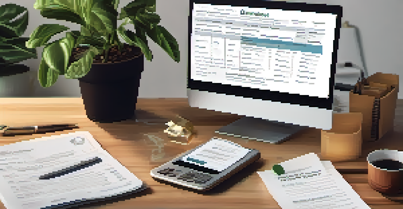 A flat lay of tax documents, a laptop, and a cup of coffee on a table.