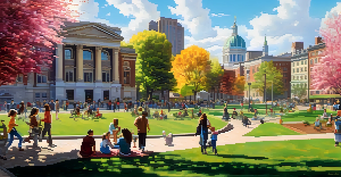 A lively city park filled with people of different backgrounds enjoying the day, with modern buildings and historic architecture in the background.