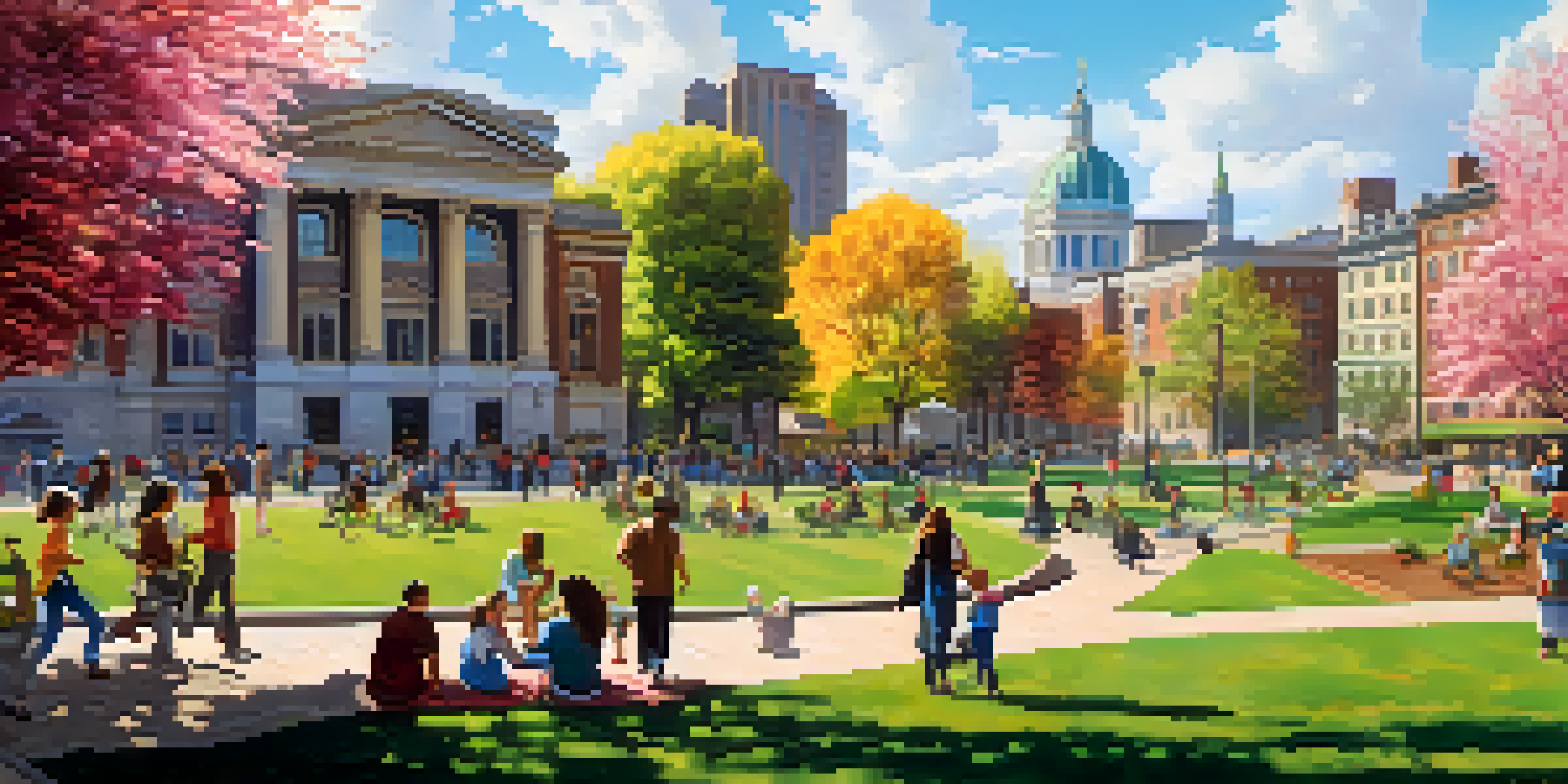 A lively city park filled with people of different backgrounds enjoying the day, with modern buildings and historic architecture in the background.