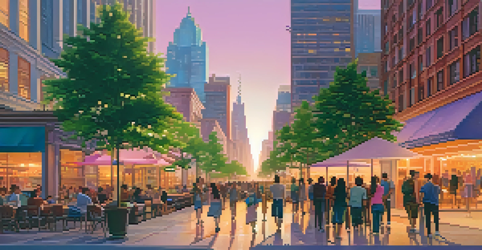 A colorful city skyline during sunset with people walking on a busy street.