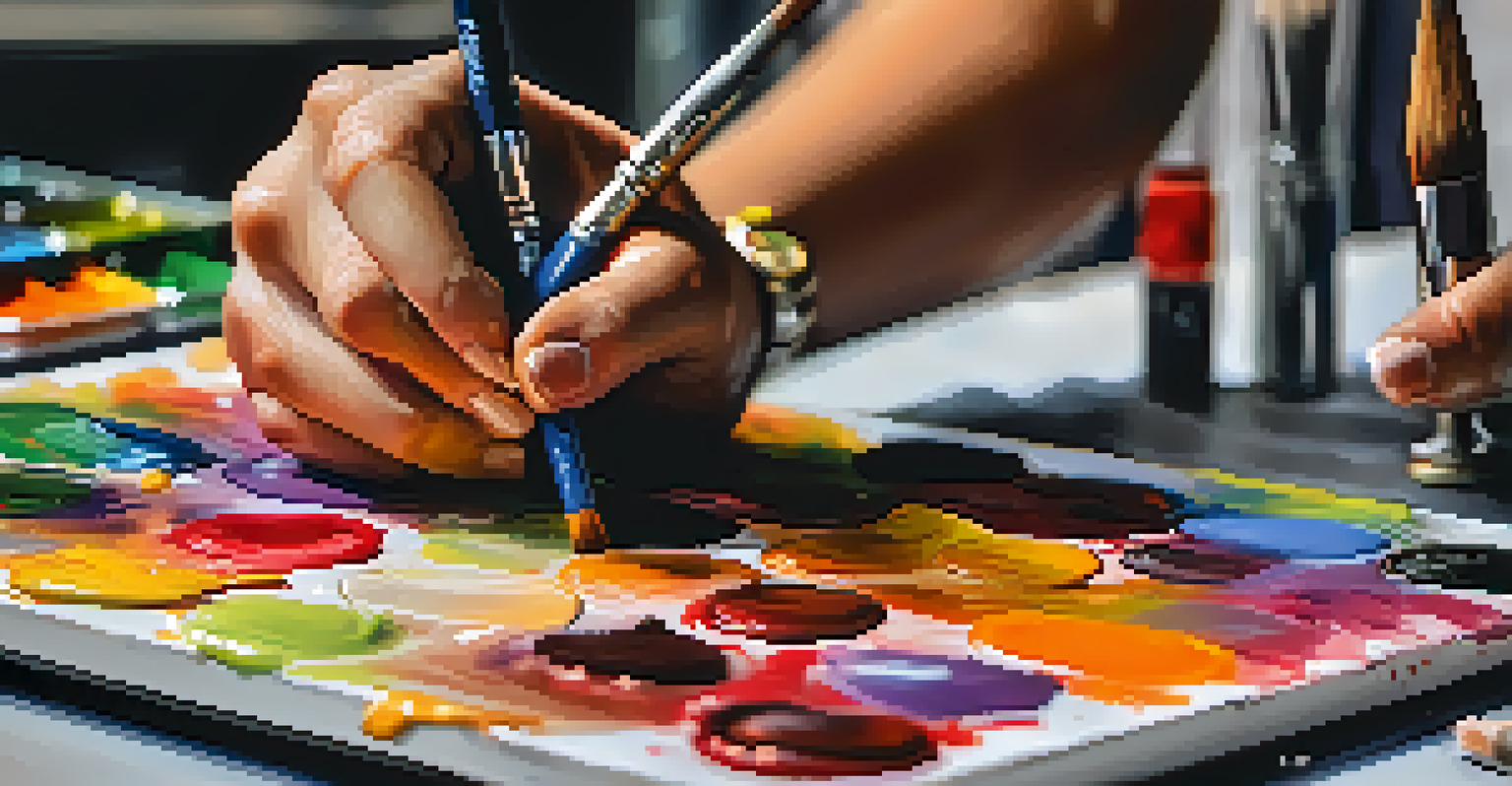 An artist's hands mixing colors on a palette, with brushes and a canvas in the background.