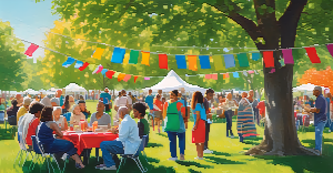 A diverse group of people participating in a charity event in a sunny park, with colorful banners and a joyful atmosphere.