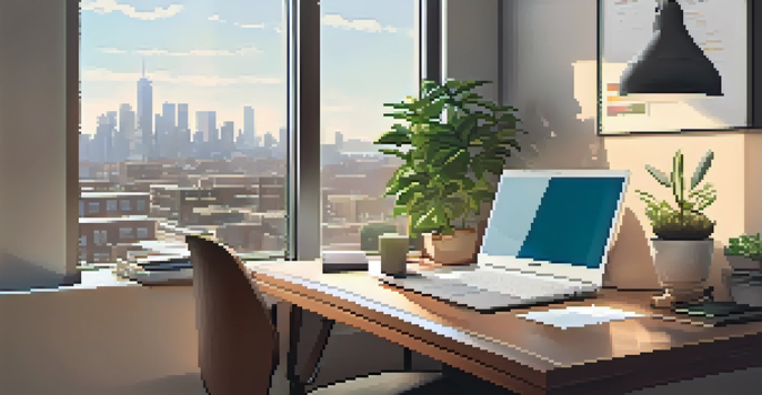 A bright office space with a laptop displaying a tax incentive application, a potted plant, and a city view from the window.