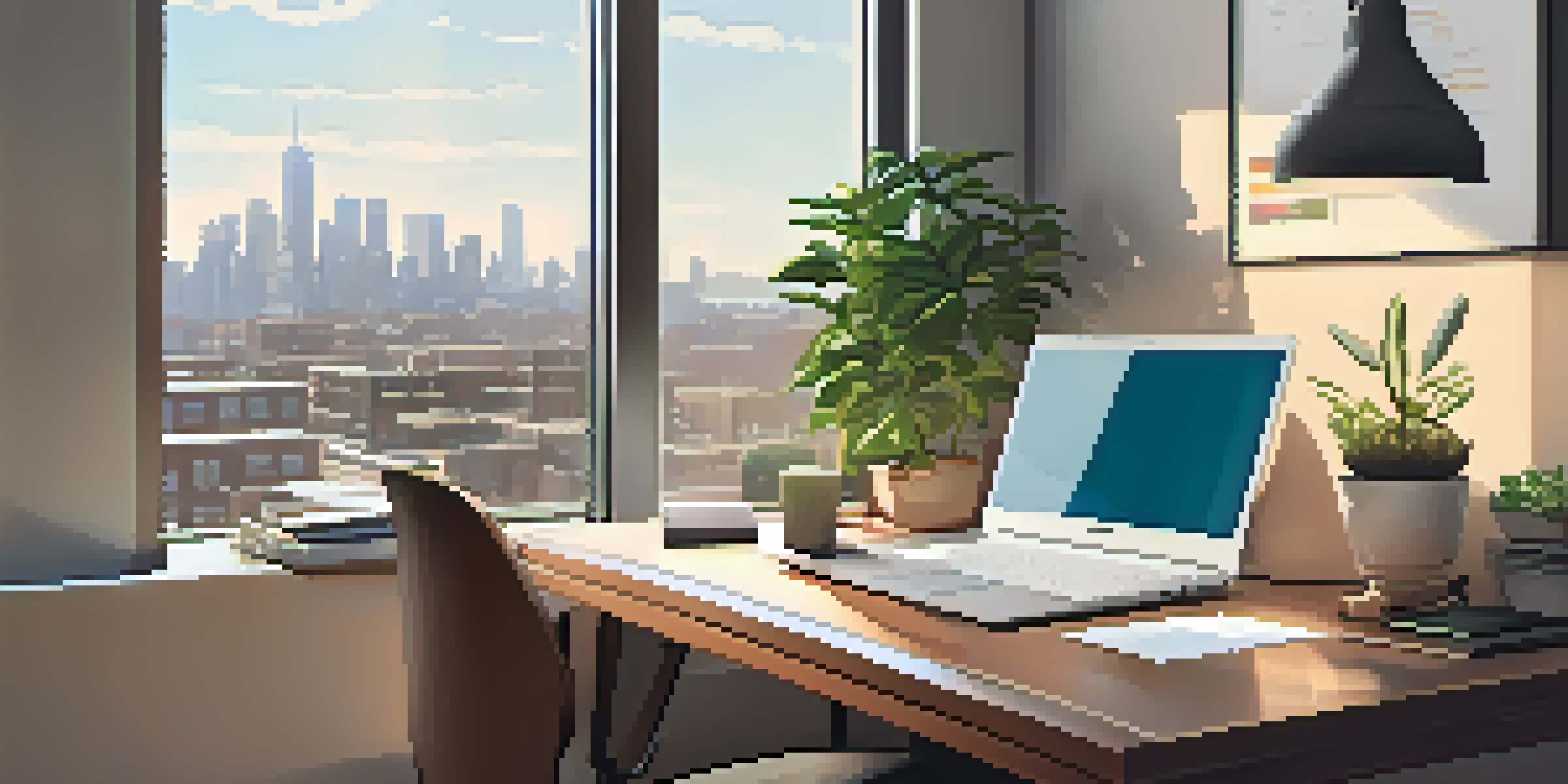 A bright office space with a laptop displaying a tax incentive application, a potted plant, and a city view from the window.