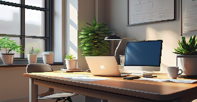 A contemporary office desk with a laptop displaying tax software, documents, a coffee cup, and a potted plant, illuminated by natural sunlight.