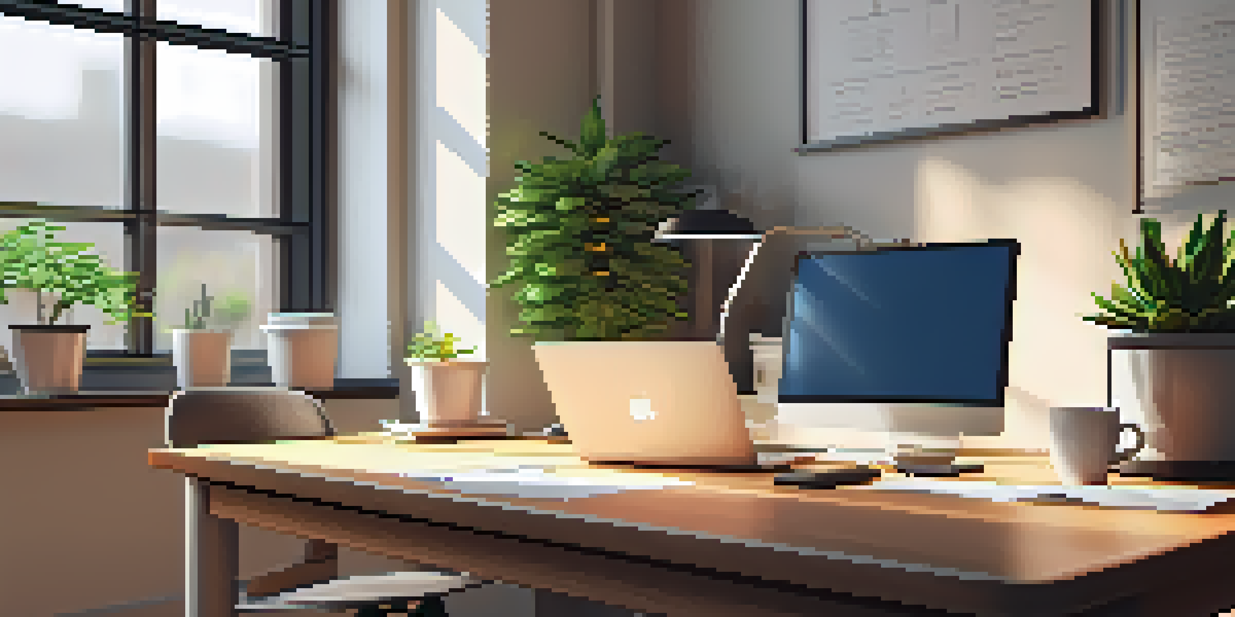 A contemporary office desk with a laptop displaying tax software, documents, a coffee cup, and a potted plant, illuminated by natural sunlight.
