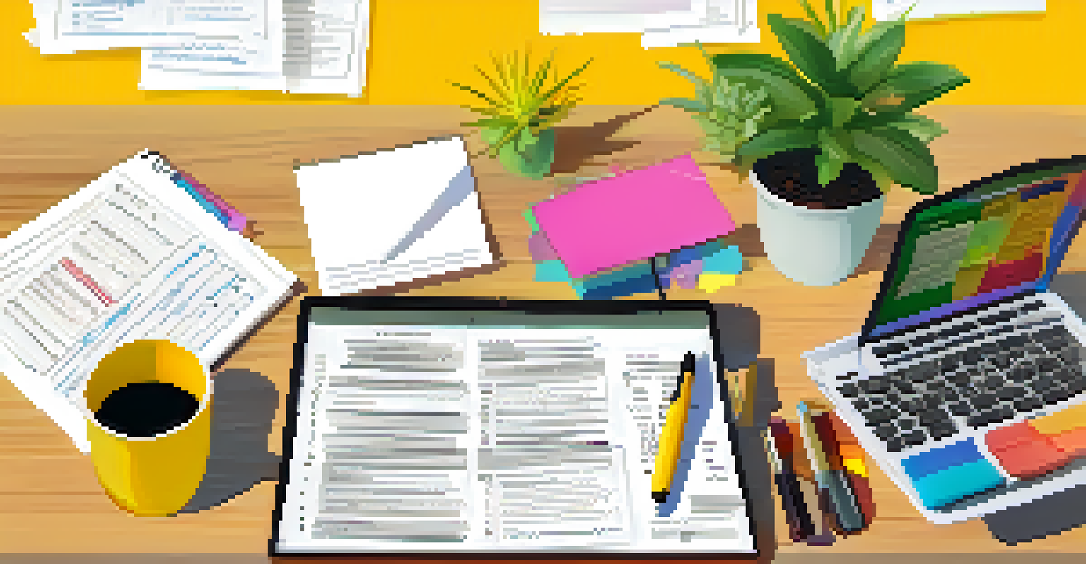 An overhead view of a dining table with tax forms, a laptop, a notepad, and a colorful pen, all under bright lighting.