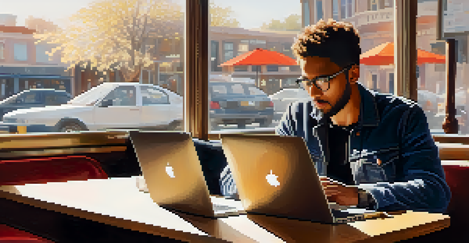A gig worker at a cafe, working on a laptop with a coffee cup beside them.