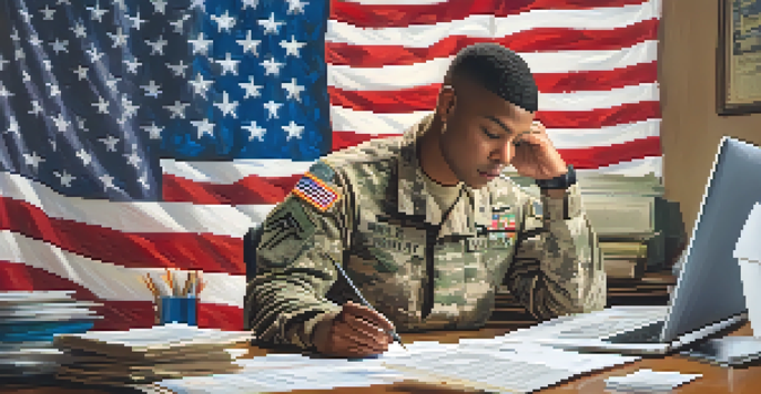 A service member working on tax documents at a desk, with a focused expression and family photos in the background.
