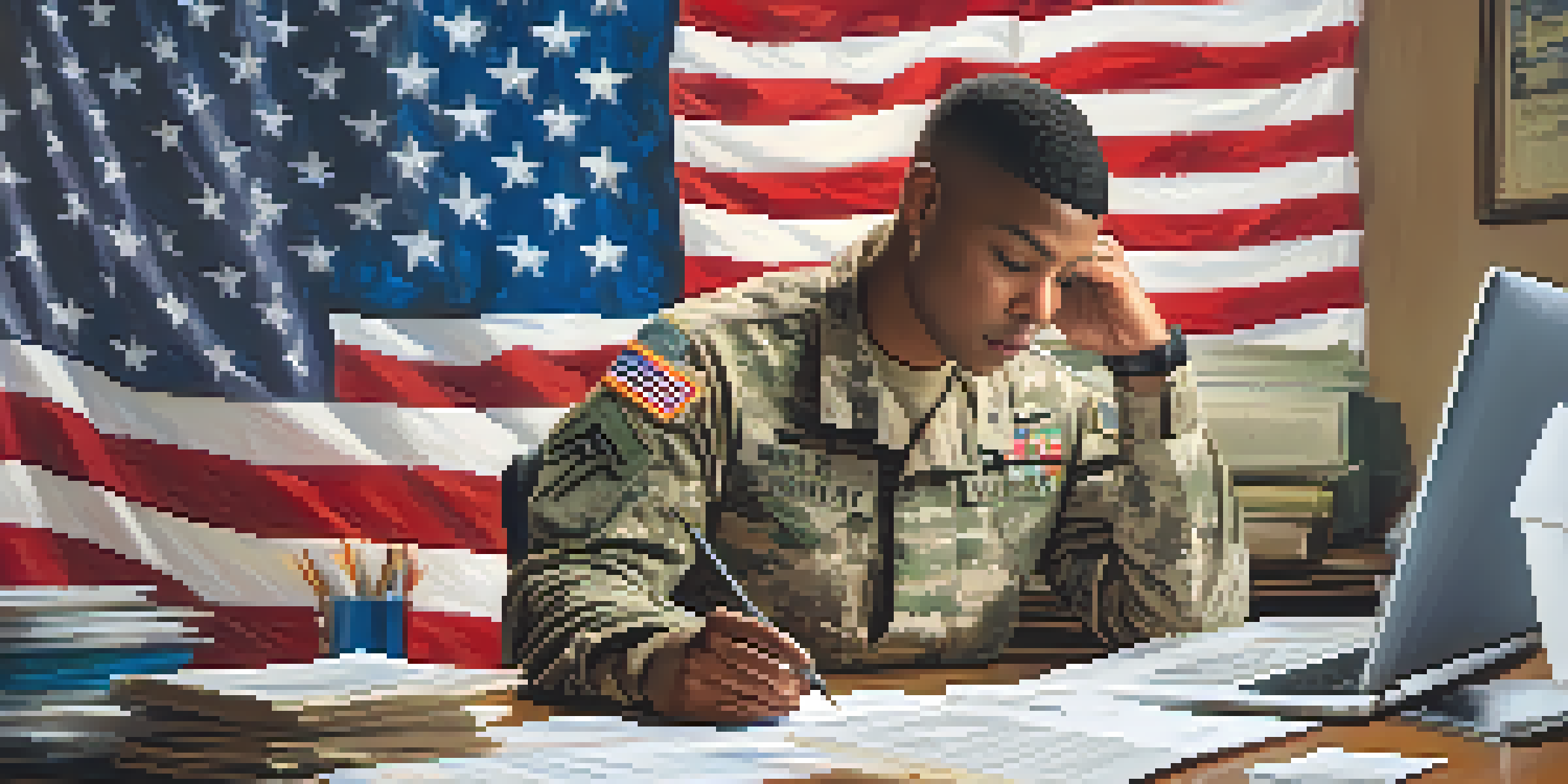 A service member working on tax documents at a desk, with a focused expression and family photos in the background.