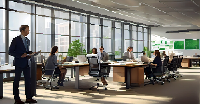A diverse group of professionals in a modern office discussing tax compliance, with laptops and documents on a conference table.