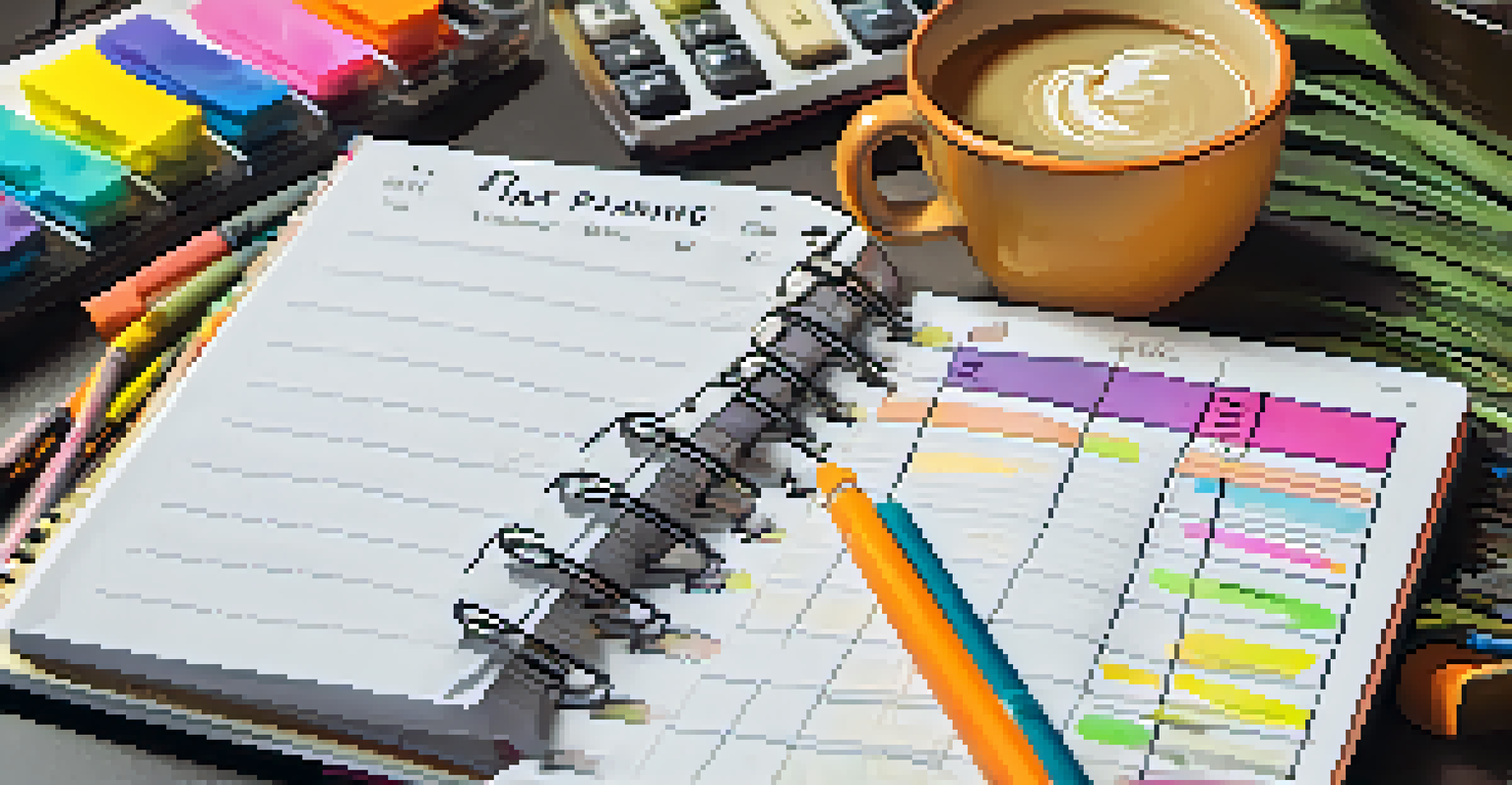 A close-up of a hand writing in a tax planning planner with colorful pens, surrounded by sticky notes, a calculator, and a cup of tea.