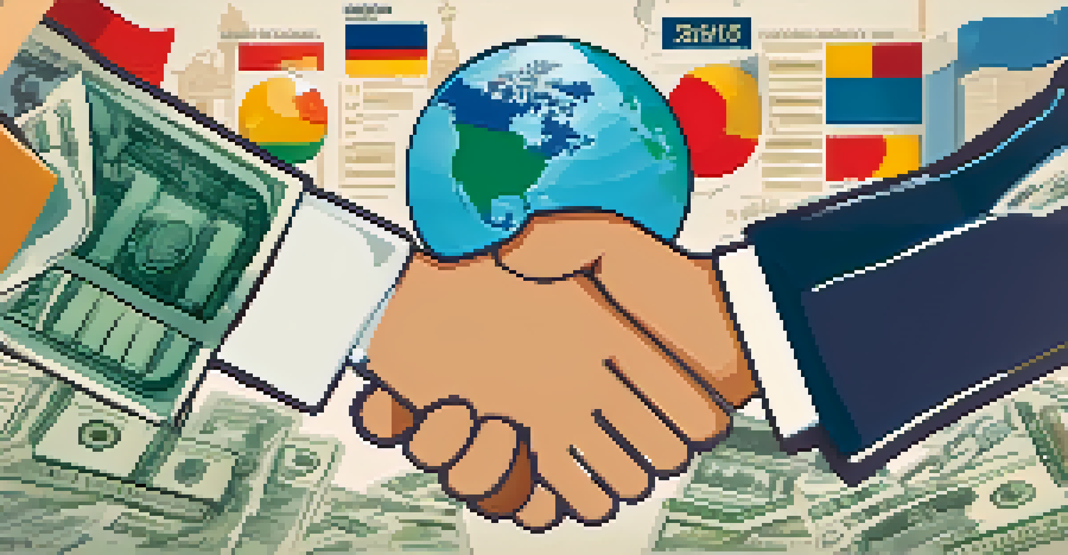 An illustration depicting a handshake between two individuals from different countries, symbolizing tax treaties, with icons and a globe in the background.