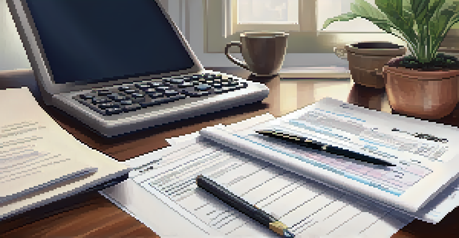 An accountant's desk with tax forms, calculator, and notepad, showing hands filling out a form.