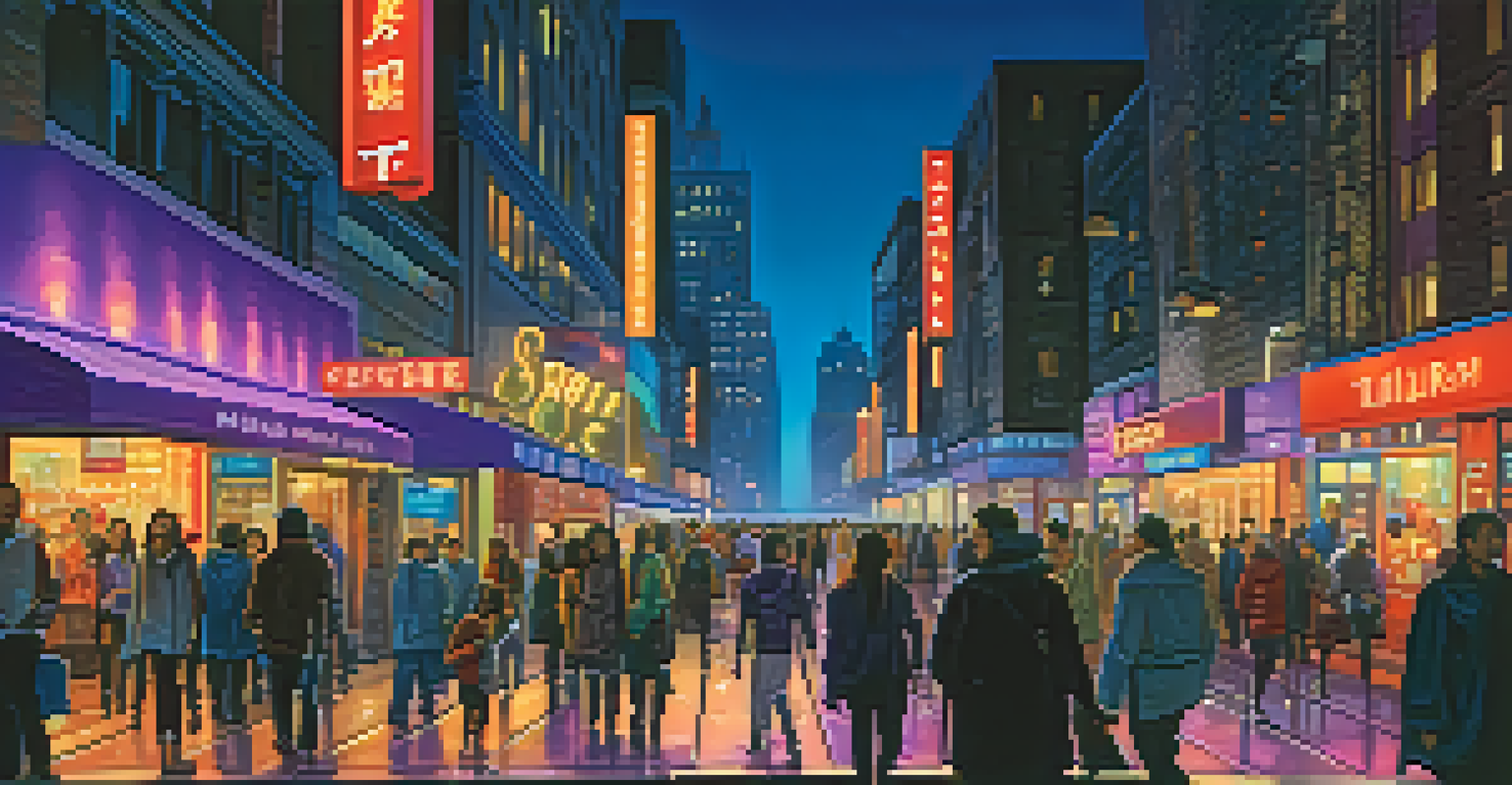 A lively city street at dusk, filled with people and neon signs, with modern skyscrapers in the background.