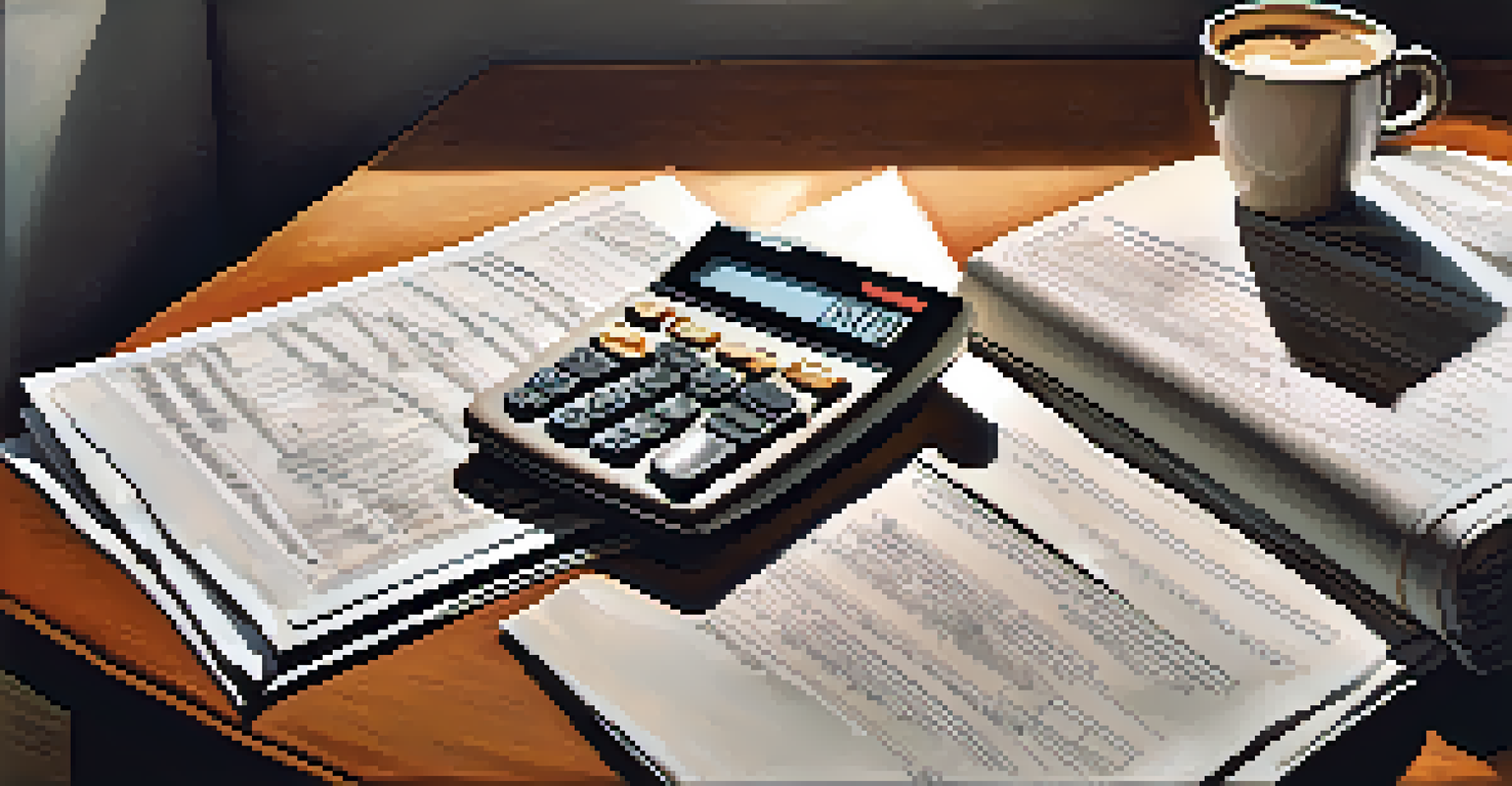 A close-up of a desk with financial papers, a calculator, and a coffee cup, illuminated by soft light from a window.
