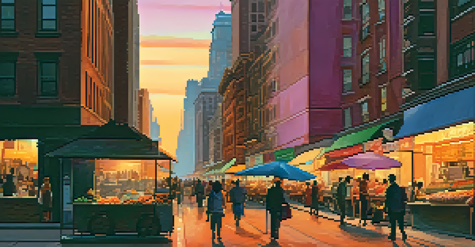 A lively city street at sunset, with silhouetted skyscrapers, pedestrians, and a food vendor's colorful cart.