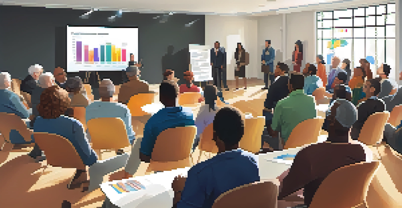 A community meeting with diverse participants discussing tax policies and income inequality, with charts displayed behind them in a bright, welcoming environment.