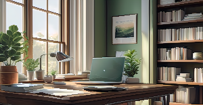 A cozy home office with a desk, laptop, and potted plant, illuminated by soft natural light.
