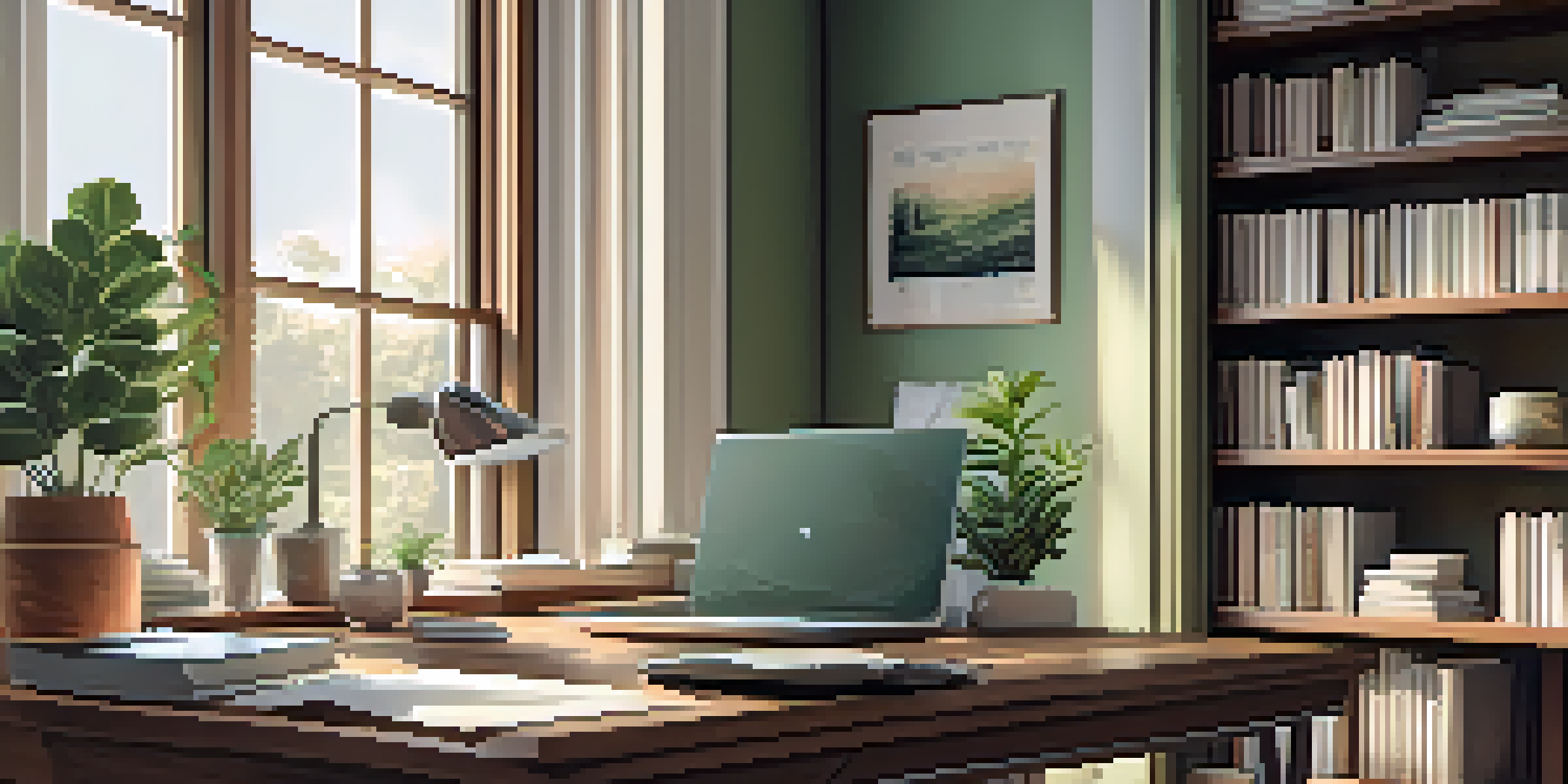 A cozy home office with a desk, laptop, and potted plant, illuminated by soft natural light.