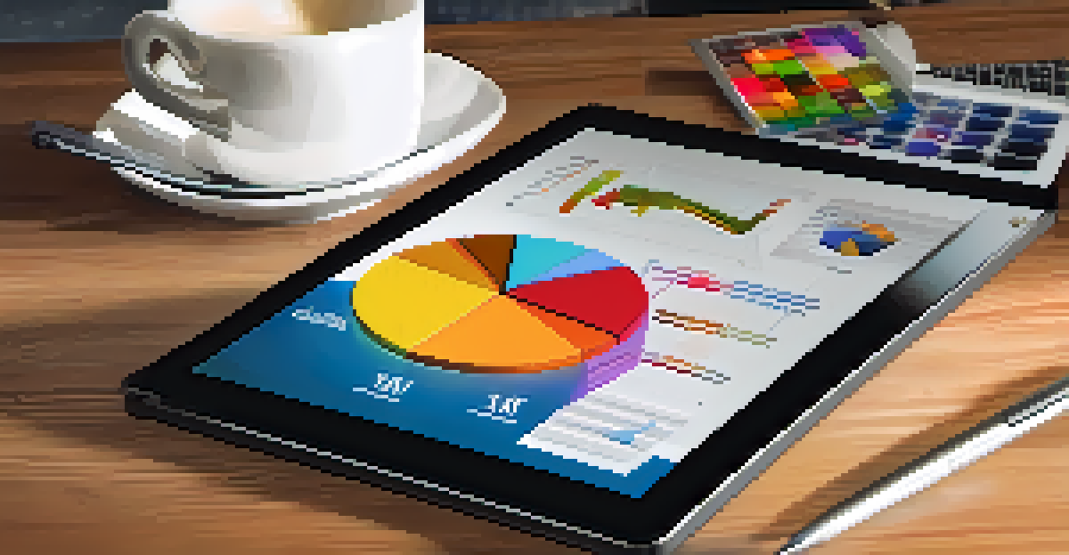A close-up of a digital tablet showing VAT-related pie charts and bar graphs on a wooden desk, with a pen and notepad nearby.