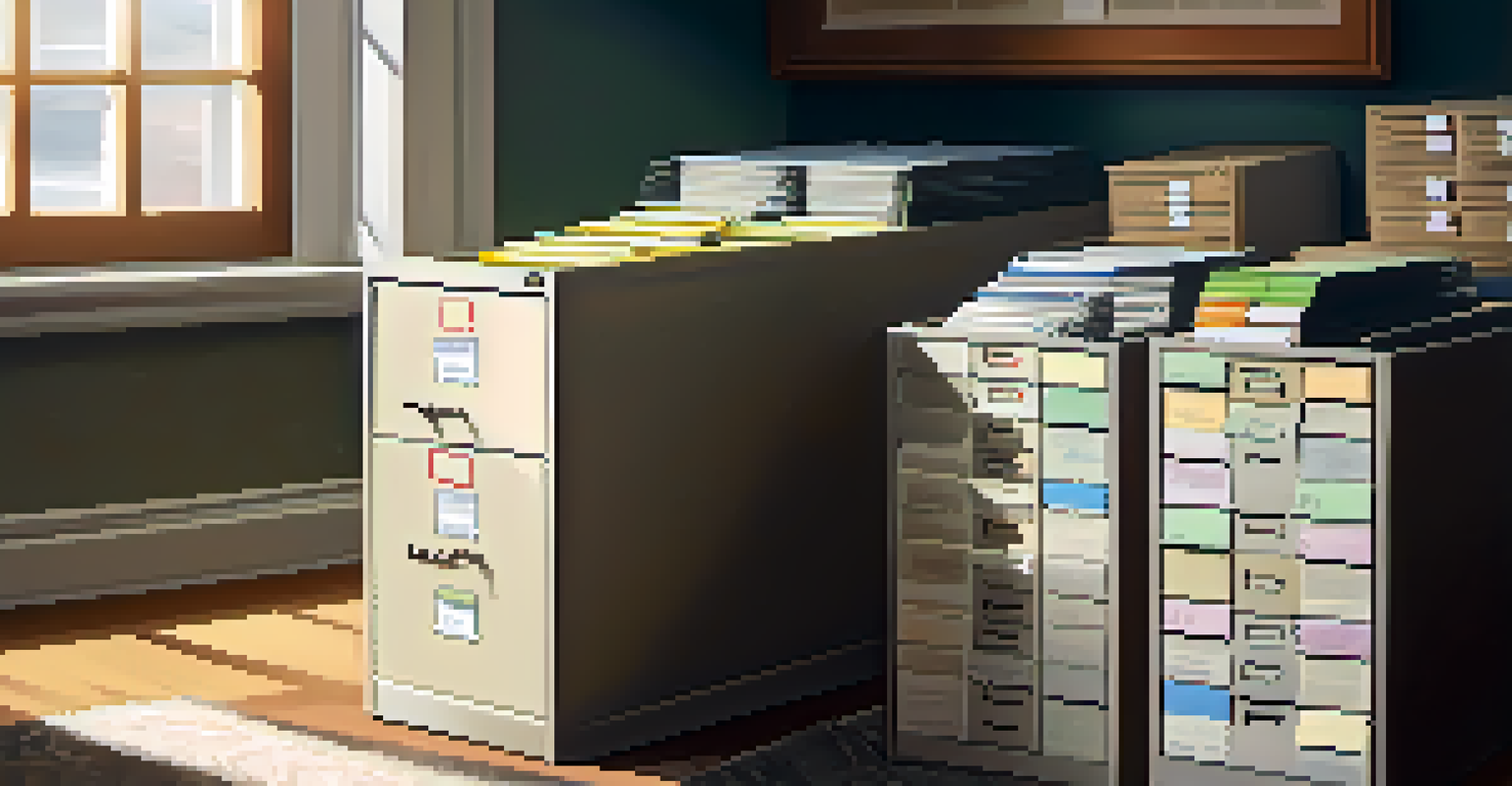 A well-organized filing cabinet with labeled folders and receipts, illuminated by sunlight coming through a window.