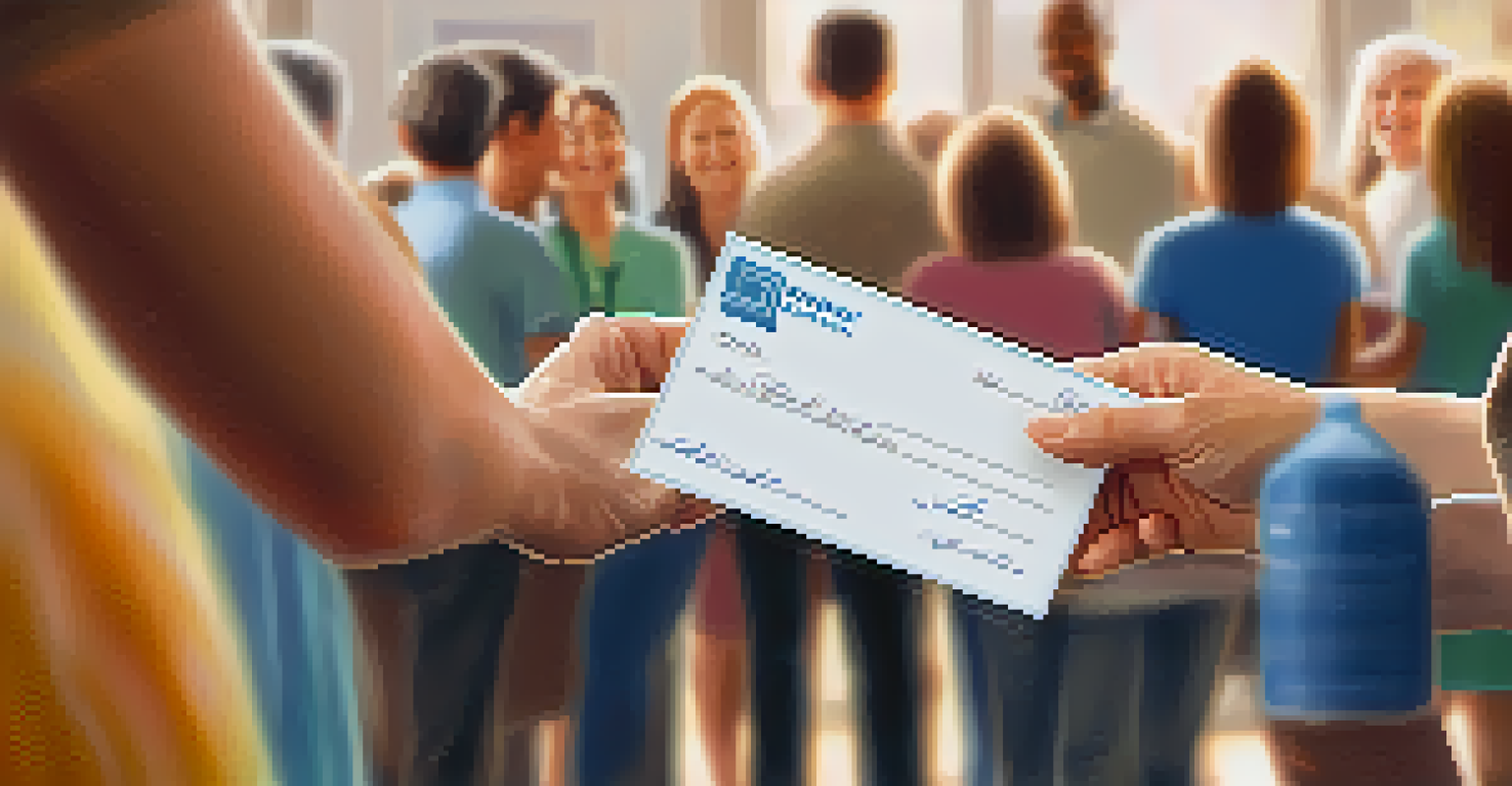 Hands holding a donation check with a thank-you note in the background, symbolizing generosity and community support.