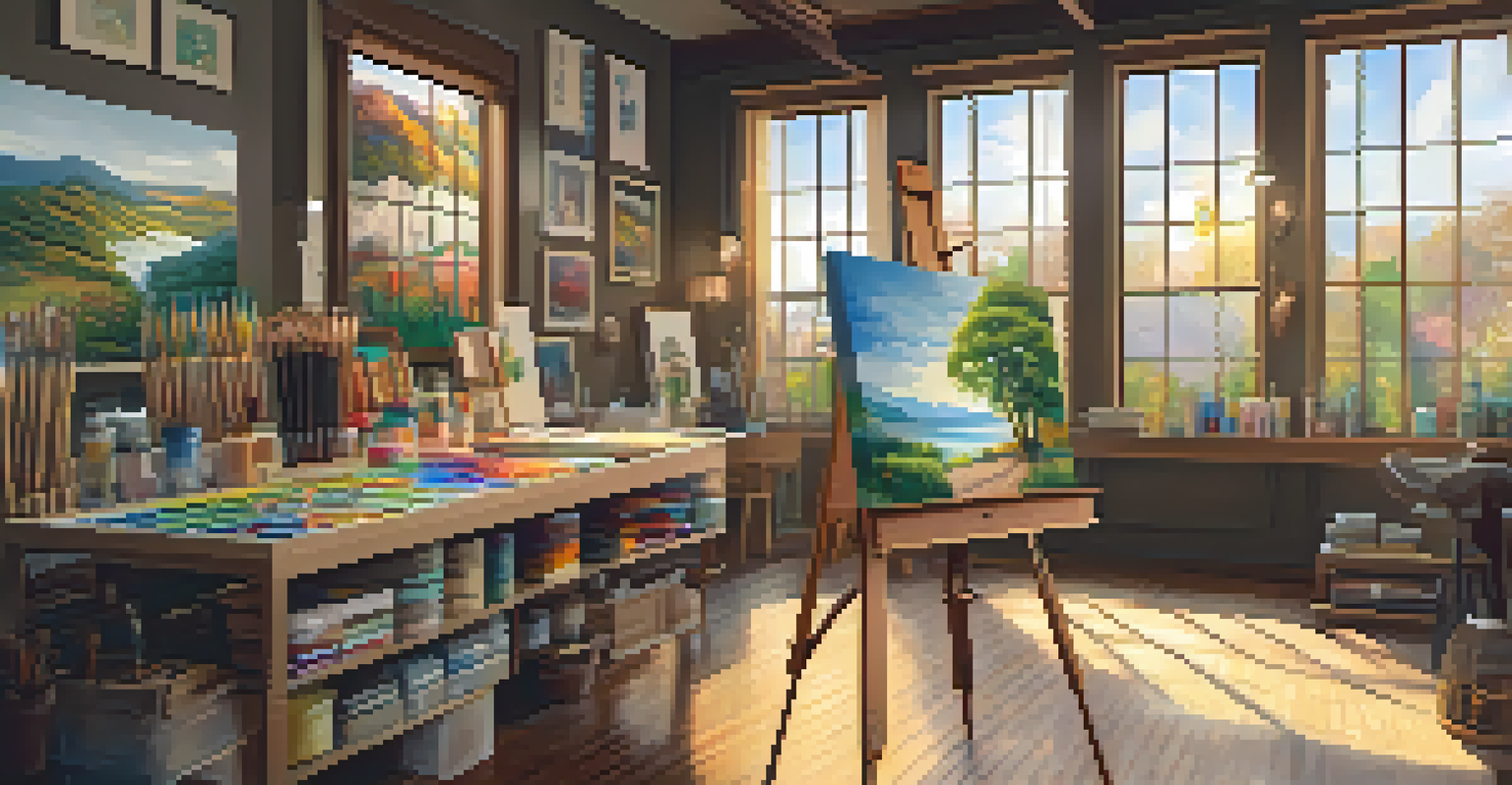 A bright art studio with an easel displaying a colorful landscape painting, surrounded by artworks and art supplies.
