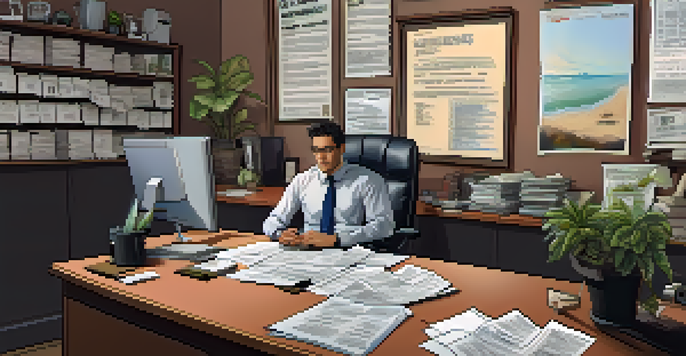 A stressed small business owner at a desk full of tax documents, with a laptop showing accounting software and motivational posters on the walls.