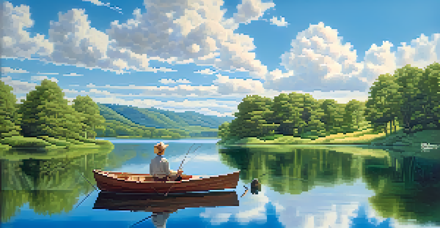 A tranquil lake surrounded by green hills, with a wooden boat and a person fishing, under a clear blue sky and soft sunlight.
