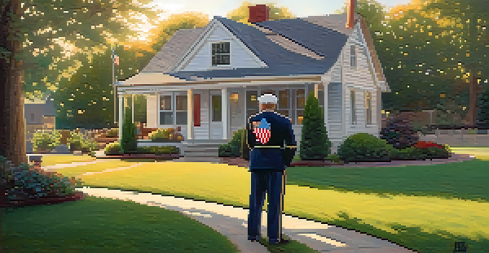 A veteran stands proudly in front of their home with a small American flag, bathed in warm golden sunlight.