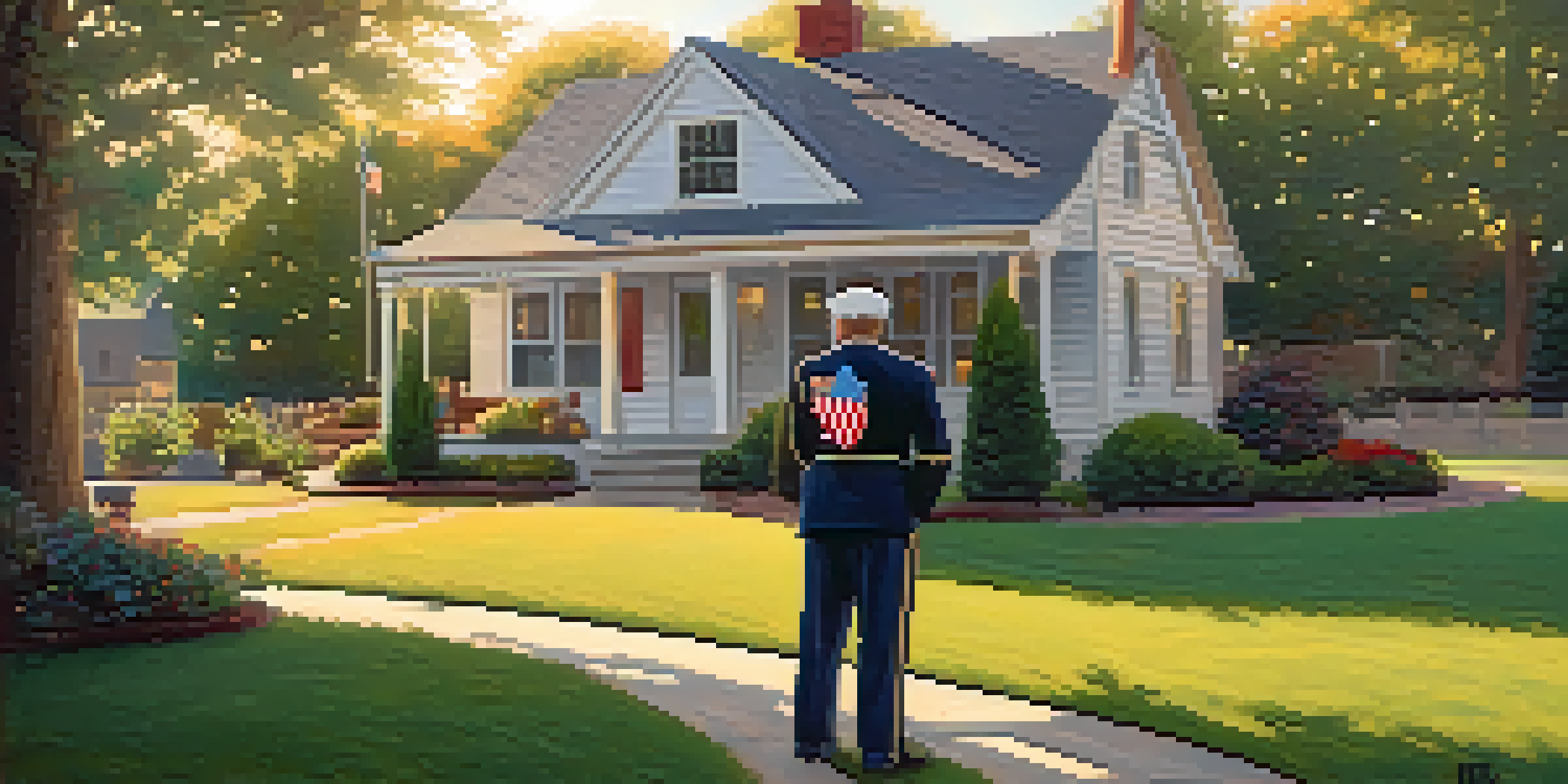 A veteran stands proudly in front of their home with a small American flag, bathed in warm golden sunlight.