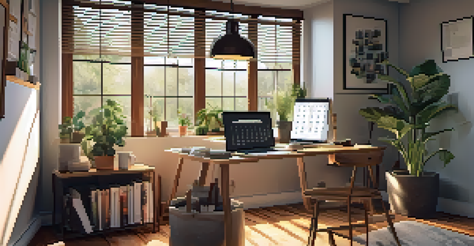 A warm and inviting home office with a laptop and tax documents on a wooden desk, illuminated by sunlight.