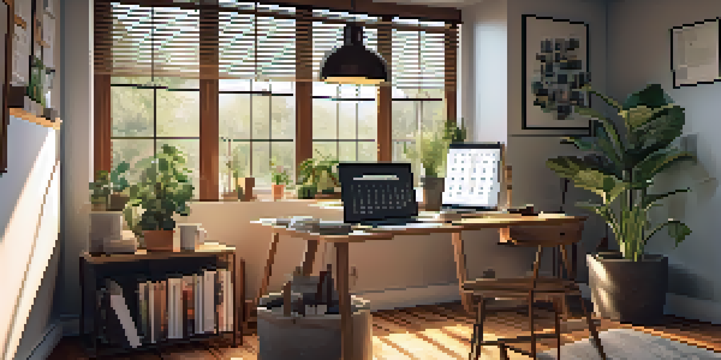 A warm and inviting home office with a laptop and tax documents on a wooden desk, illuminated by sunlight.