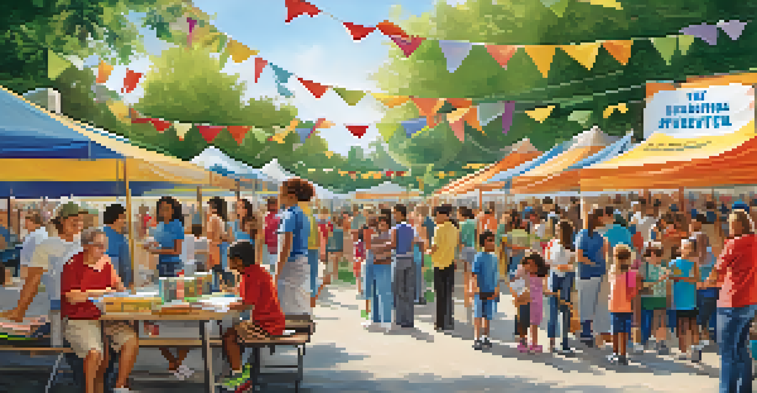 Families participating in educational activities at an outdoor community event, with booths and bright banners.