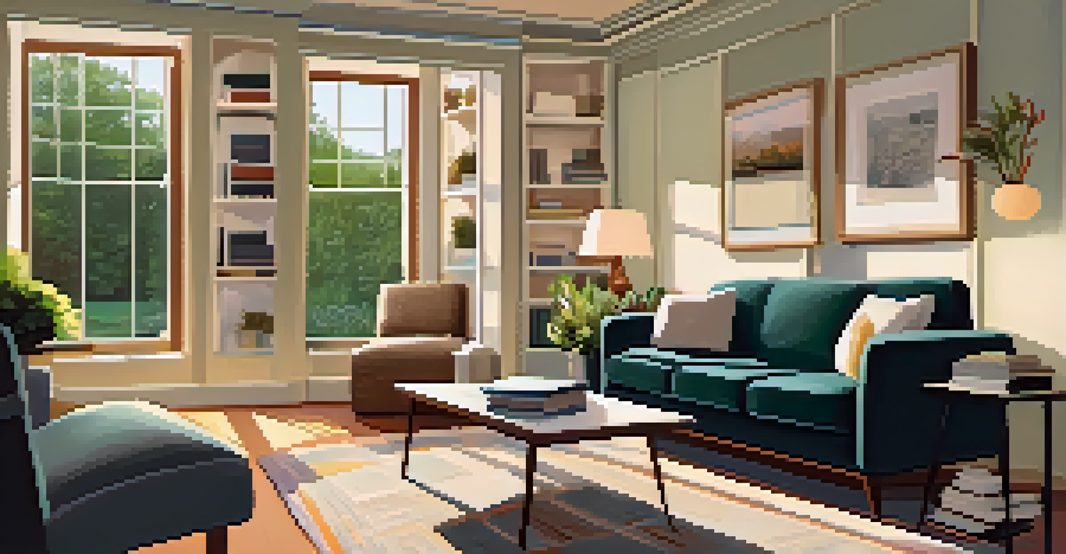 A cozy living room with a plush sofa, a coffee table with rental property documents, and a bookshelf filled with tax law books, illuminated by warm lighting.