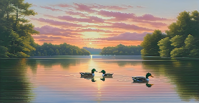 A peaceful lake at sunset with ducks swimming and trees surrounding it.