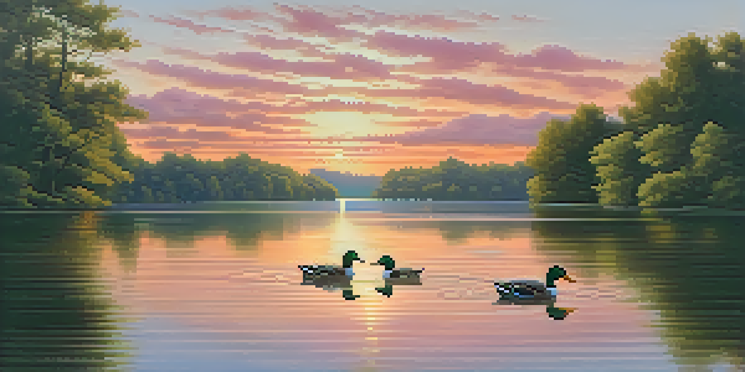 A peaceful lake at sunset with ducks swimming and trees surrounding it.