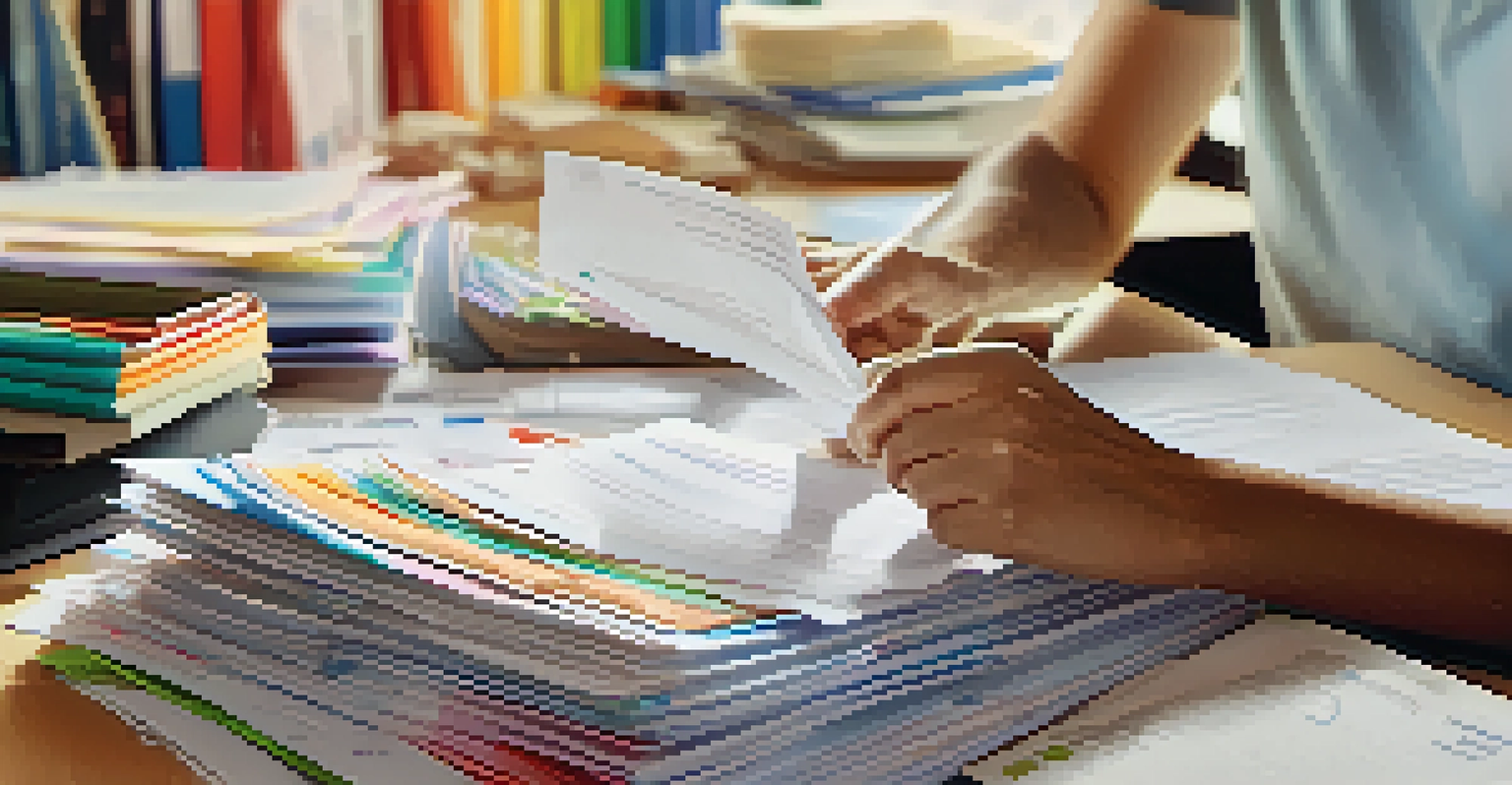 Close-up of hands sorting tax documents and receipts on a desk, with colorful folders in a blurred office background.