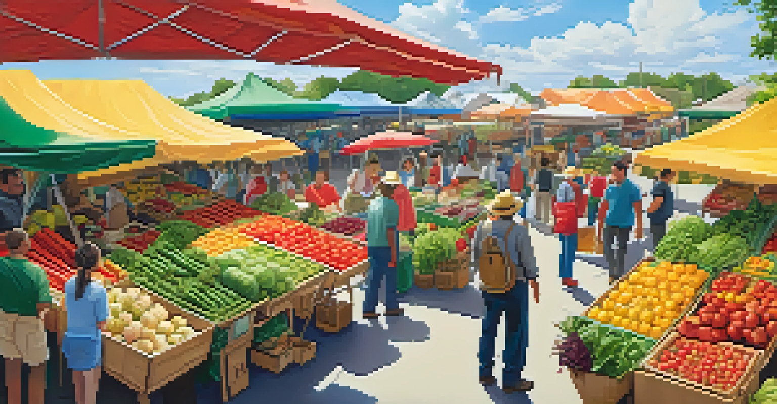 An aerial view of a farmer's market filled with colorful fruits and vegetables and shoppers interacting with vendors.