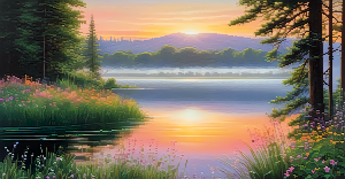 A tranquil sunrise over a calm lake, with mist rising, framed by green trees and colorful wildflowers.