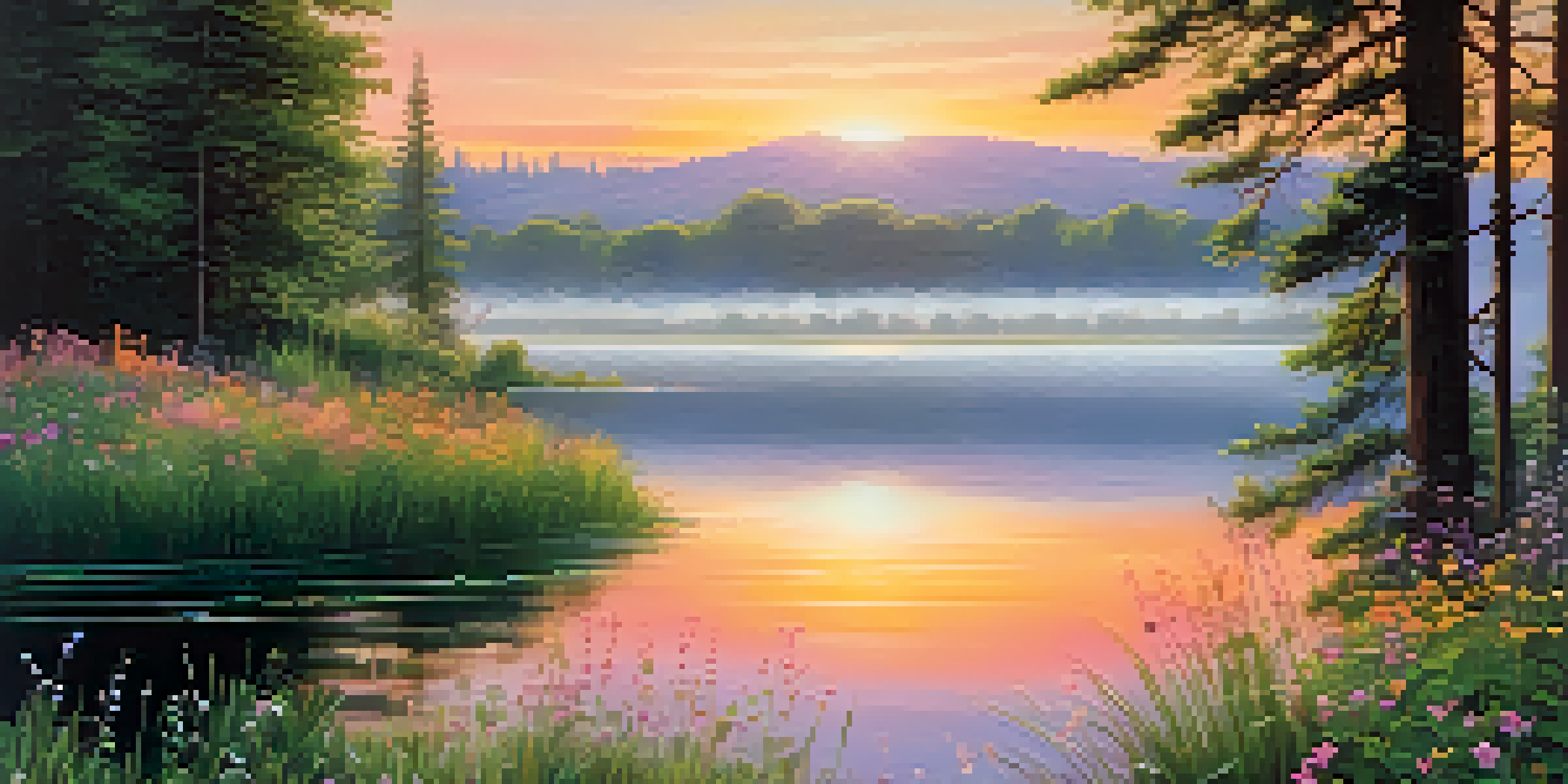 A tranquil sunrise over a calm lake, with mist rising, framed by green trees and colorful wildflowers.