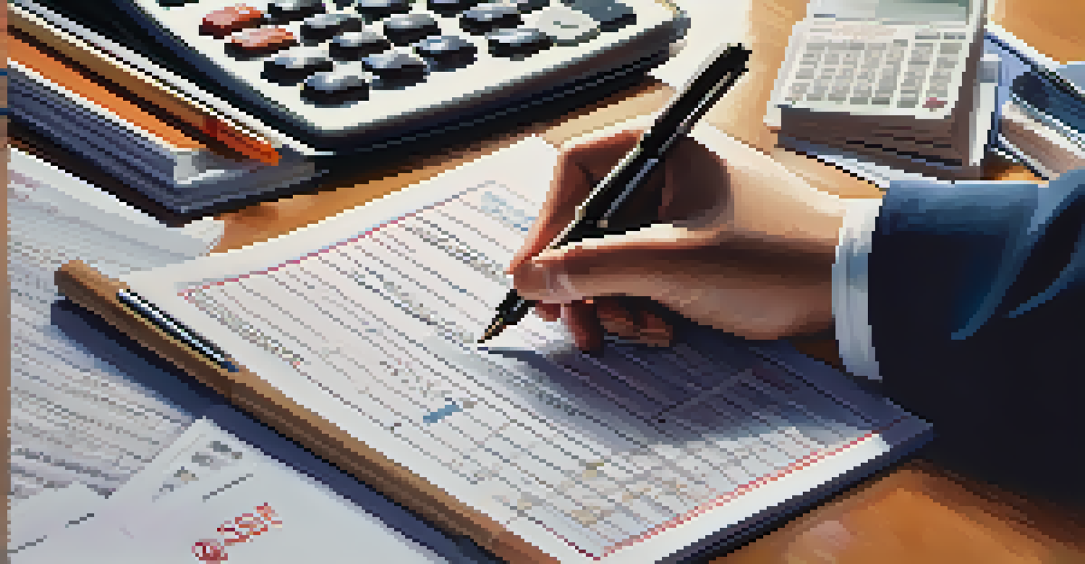 A close-up of a hand with a pen over a notepad with savings goals, surrounded by financial documents and a calculator in a well-lit setting.